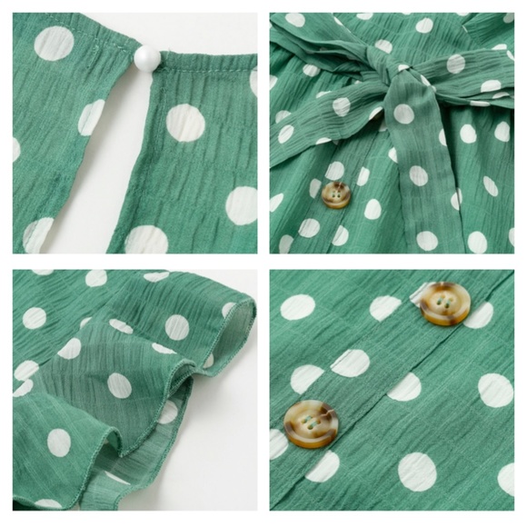 V-Neck Polka Dot Green Midi Belted Dress - Picture 7 of 9